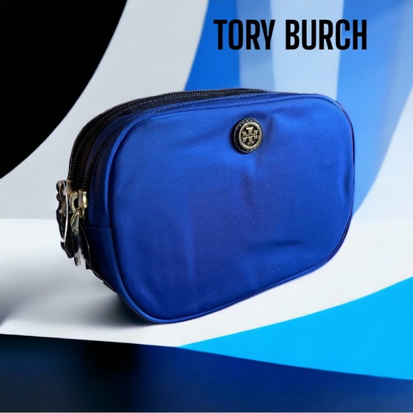 TORY BURCH MAKEUP COSMETIC BAG CASE 2 side BLUE ZIP Mother Day gift - Picture 1 of 8